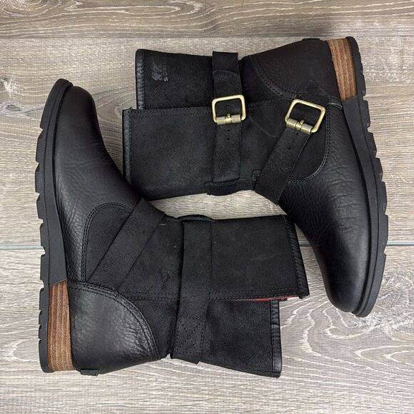 Sorel Major Moto Black Leather Women’s Sz 8 Waterproof Red Plaid Fold-Over Boots - Picture 10 of 14